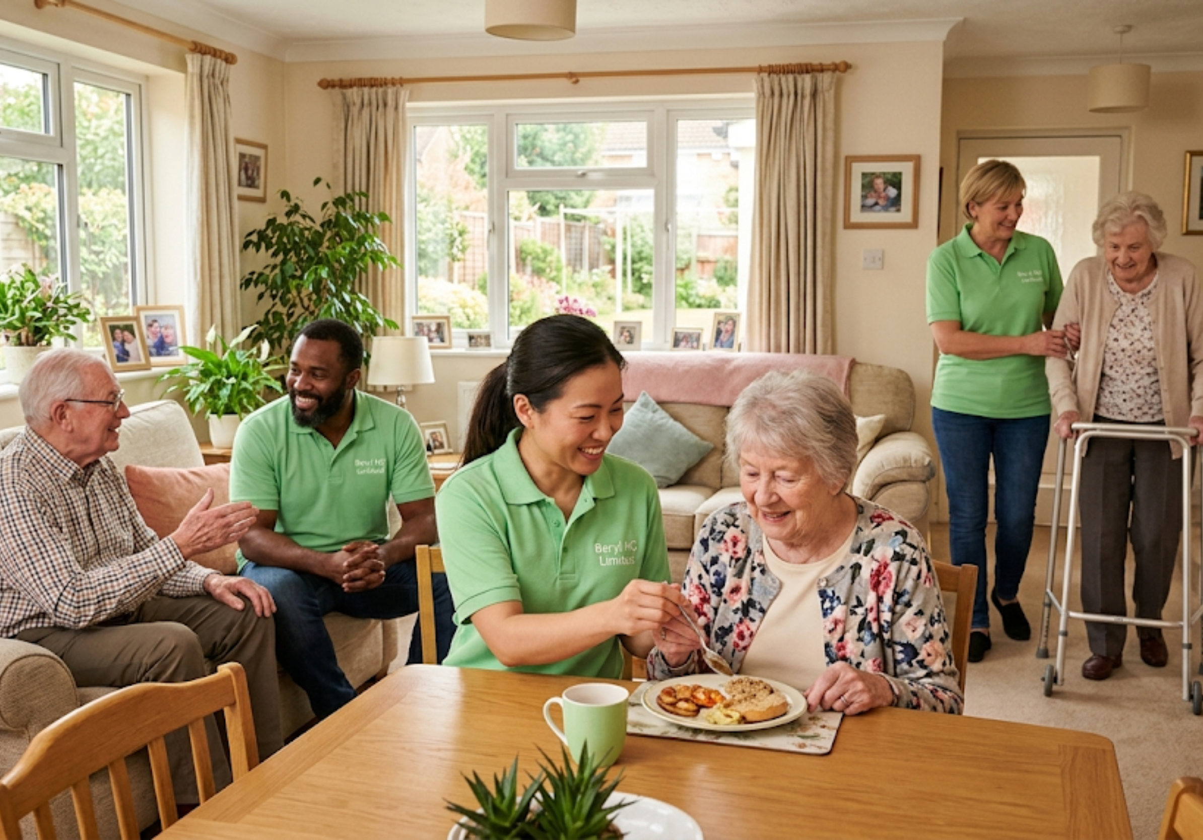 A member of the Beryl Healthcare team in a light green Beryl HC Limited uniform, photographed in a bright and welcoming care environment